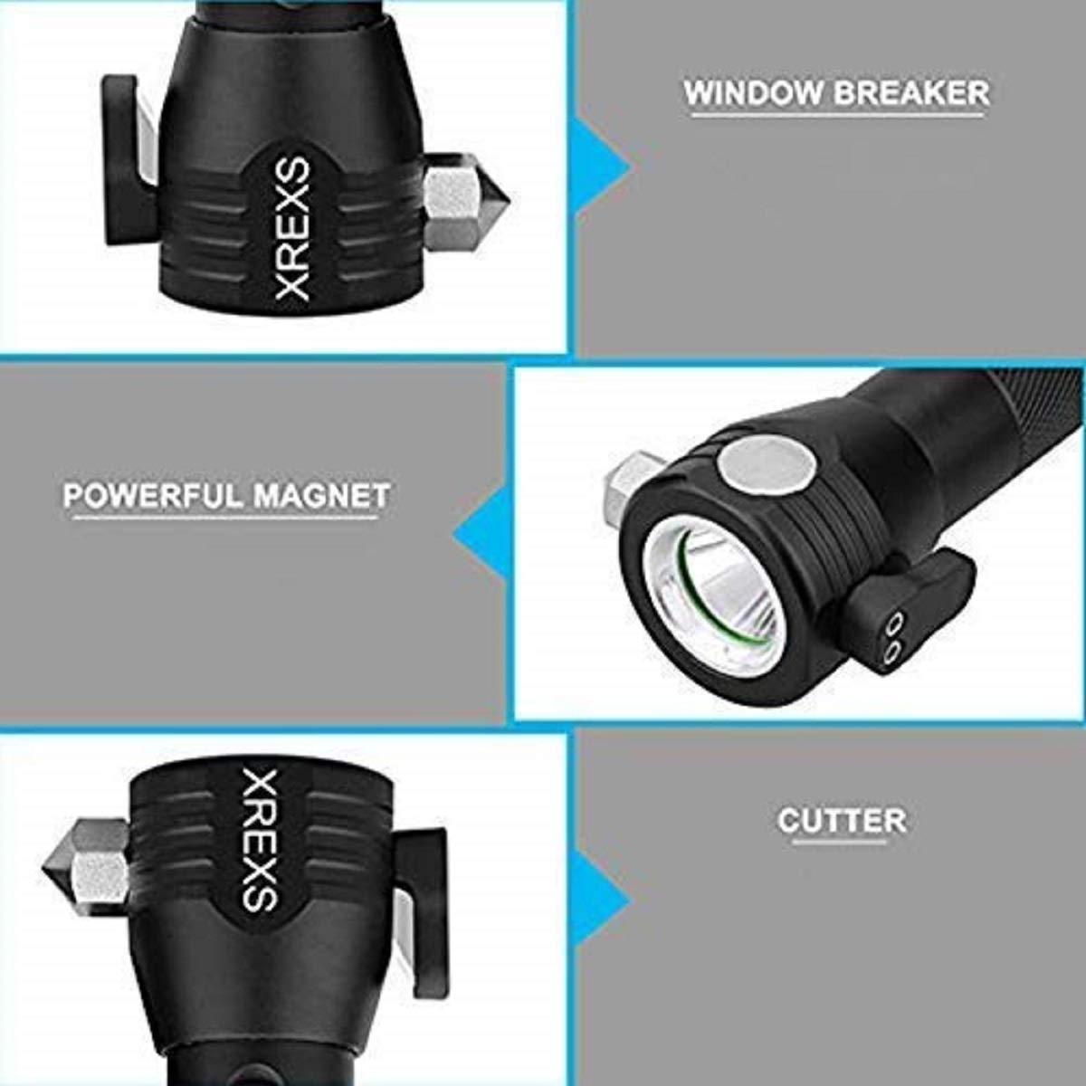 XREXS solar USB LED flashlight seatbelt cutter for quick roadside help