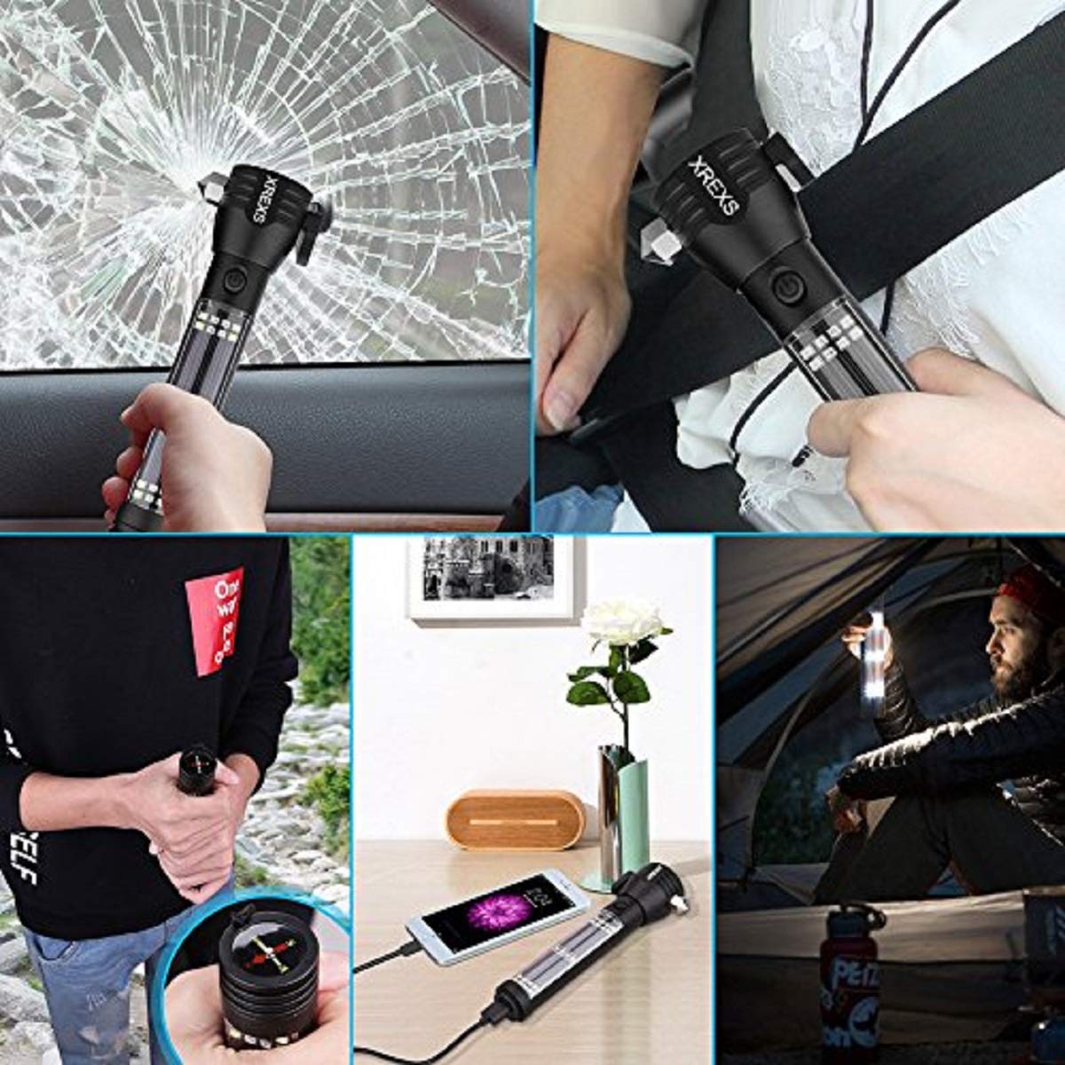 XREXS solar USB LED flashlight SOS flash for high-visibility night emergencies