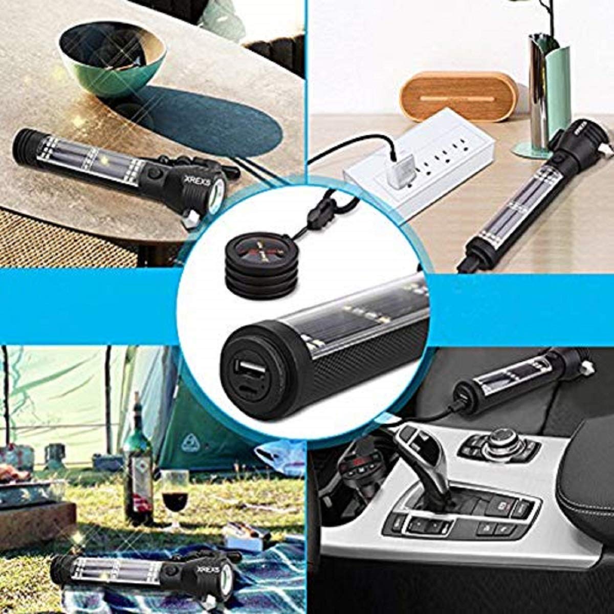 XREXS solar USB LED flashlight with strobe mode for emergencies and signaling