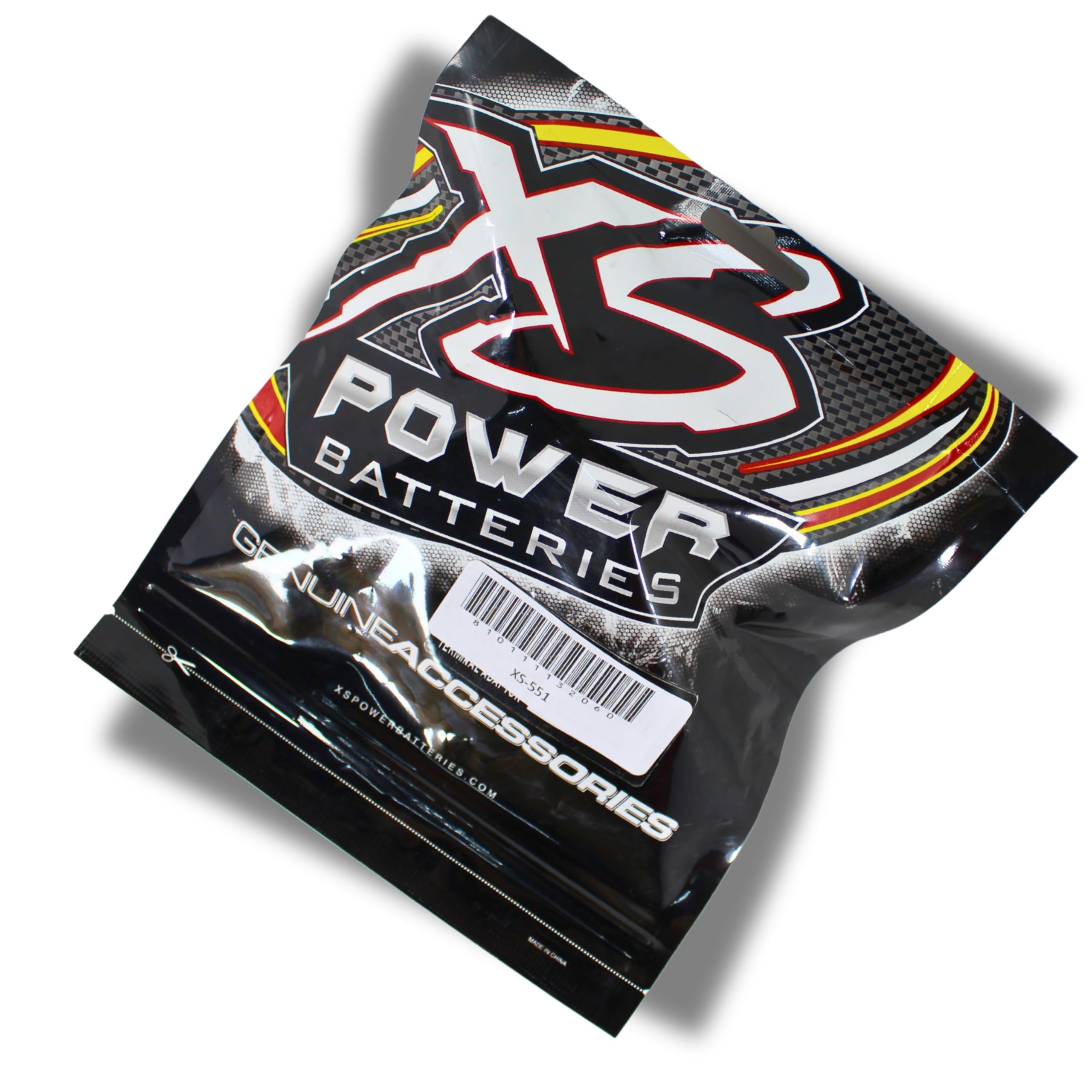 XS Power 551 battery adapter package closeup highlights labels and included connectors.