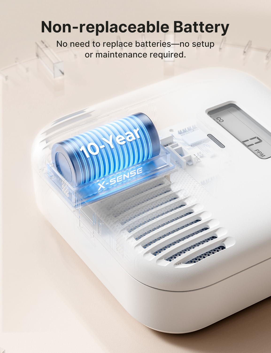 X-Sense CO detector showing 10-year battery life for maintenance-free protection
