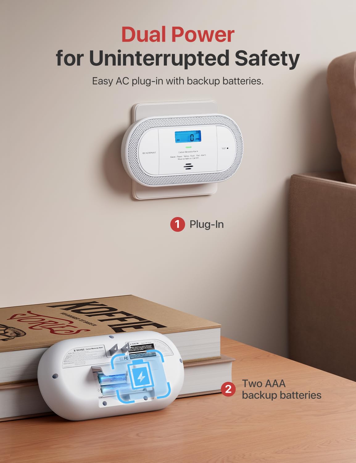 X-Sense green LED indicator on the CO detector signals power status