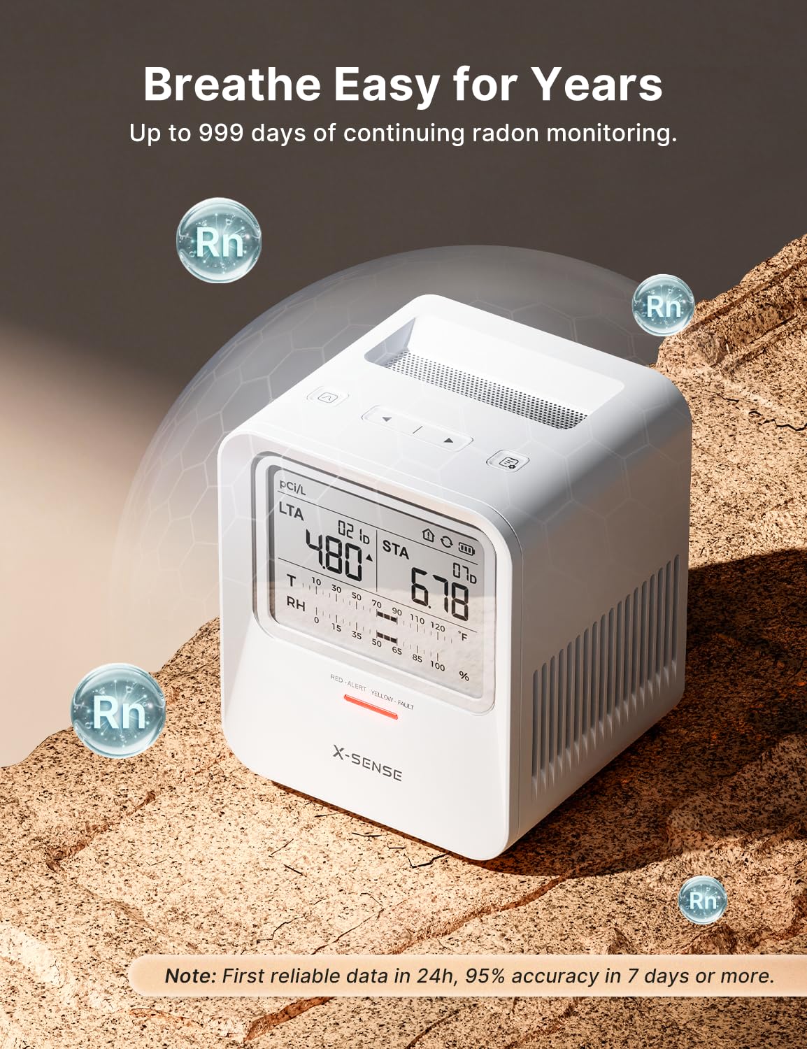 X-Sense Radon Detector side view shows slim, versatile placement