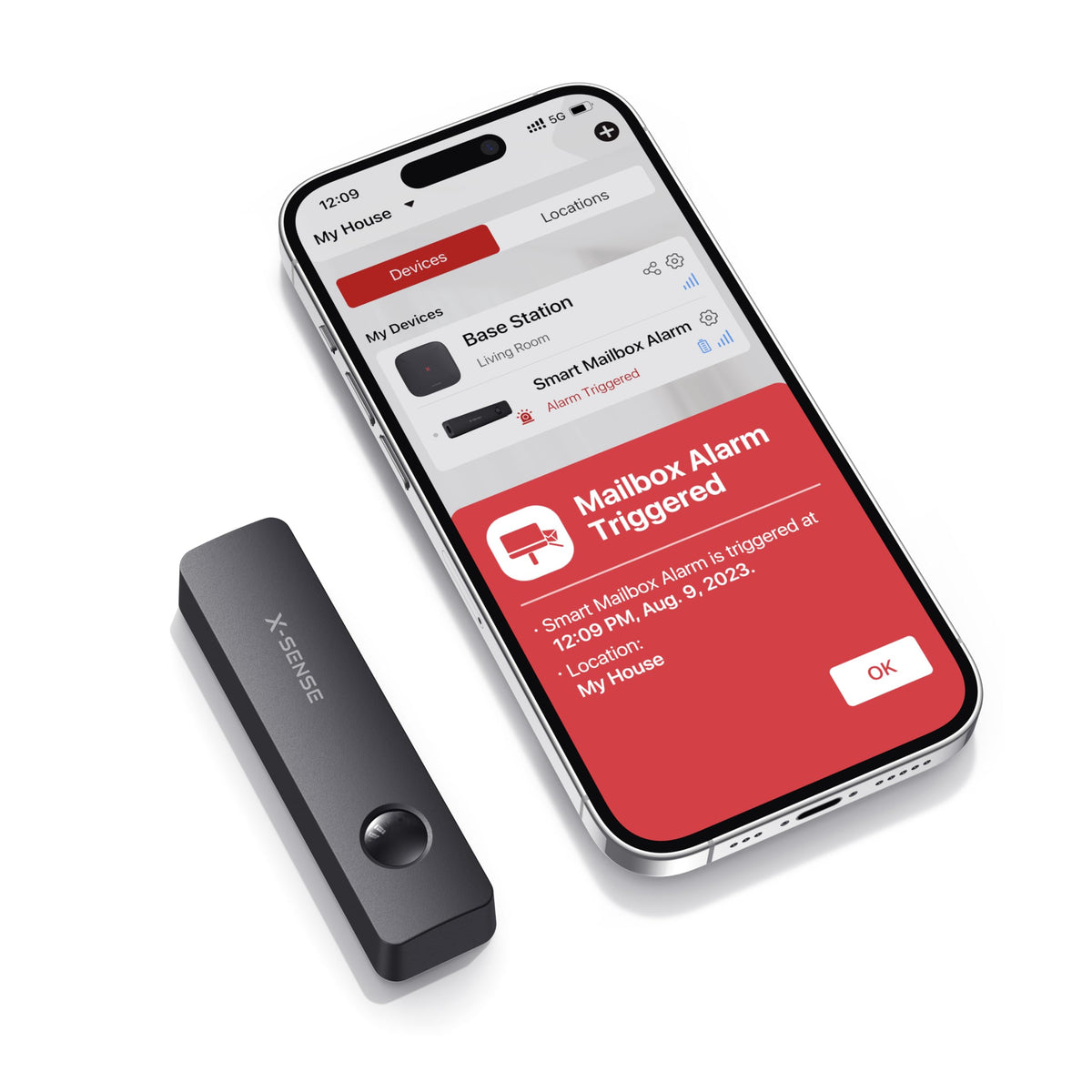 Xsense Smart Mailbox Alarm front view, compact curbside design for easy installation.