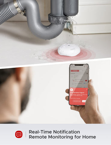 X-Sense SBS50 base station with alarm sounding at 110 dB for leaks.