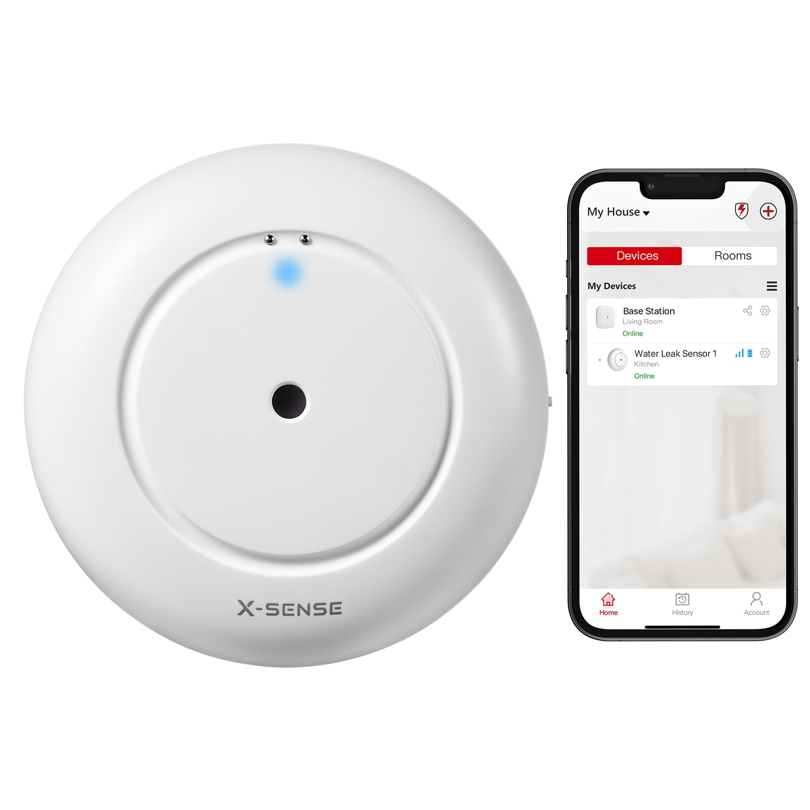 X-Sense SWS51 leak sensor front view with dual-top and four-bottom probes for early detection