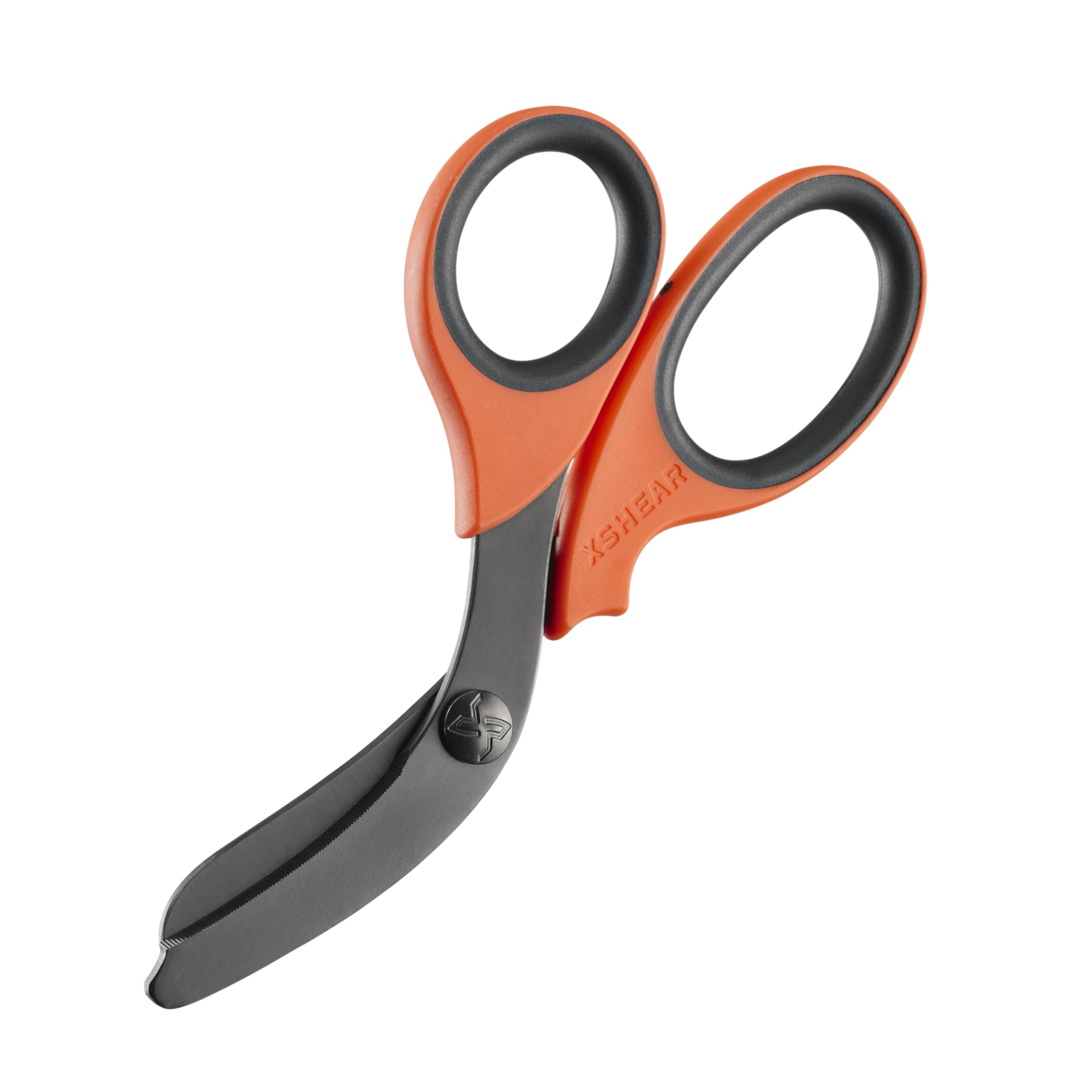 XSHEAR trauma shears blade close-up showing titanium coating for durability.
