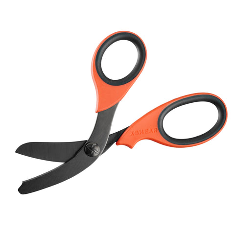 XSHEAR trauma shears ergonomic handle close-up emphasizing slip resistance.