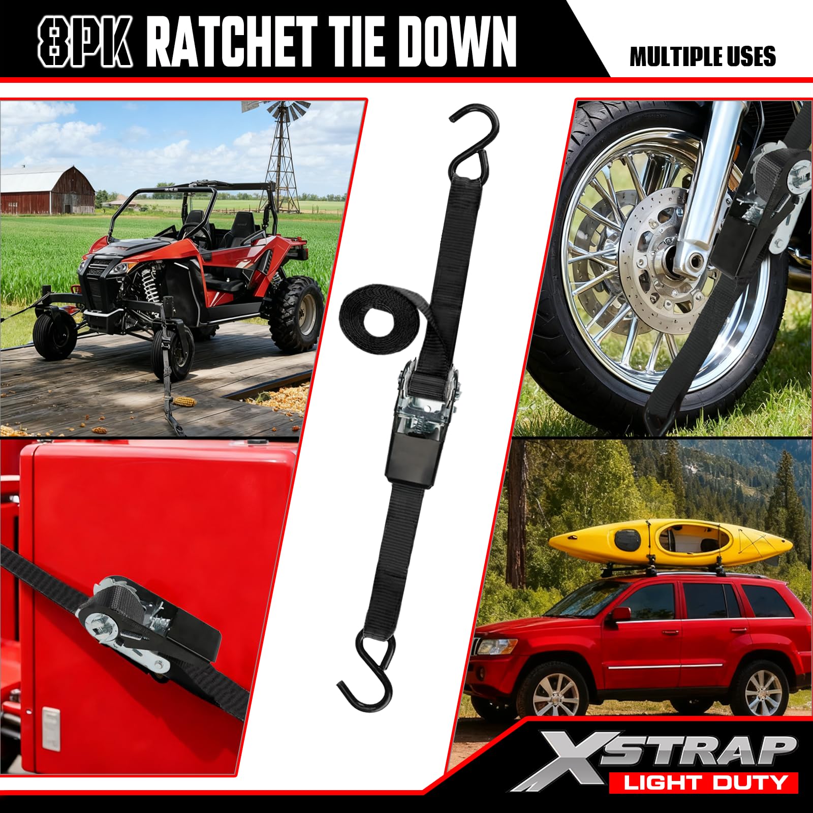 XSTRAP STANDARD ready for use on boats, trailers, roofs, and trips.