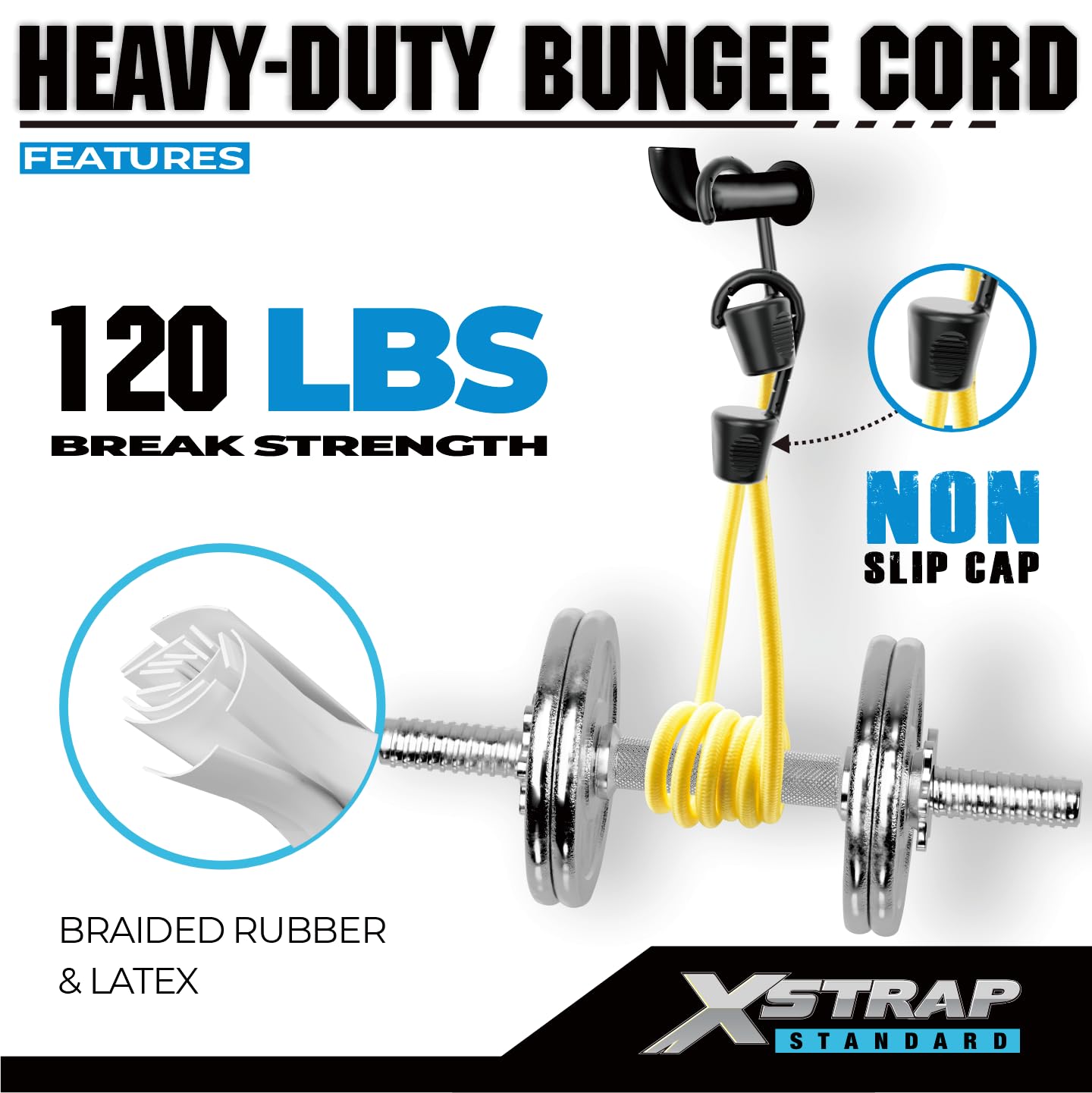 XSTRAP STANDARD 40-inch bungee with hooks ensures extra reach and tension.