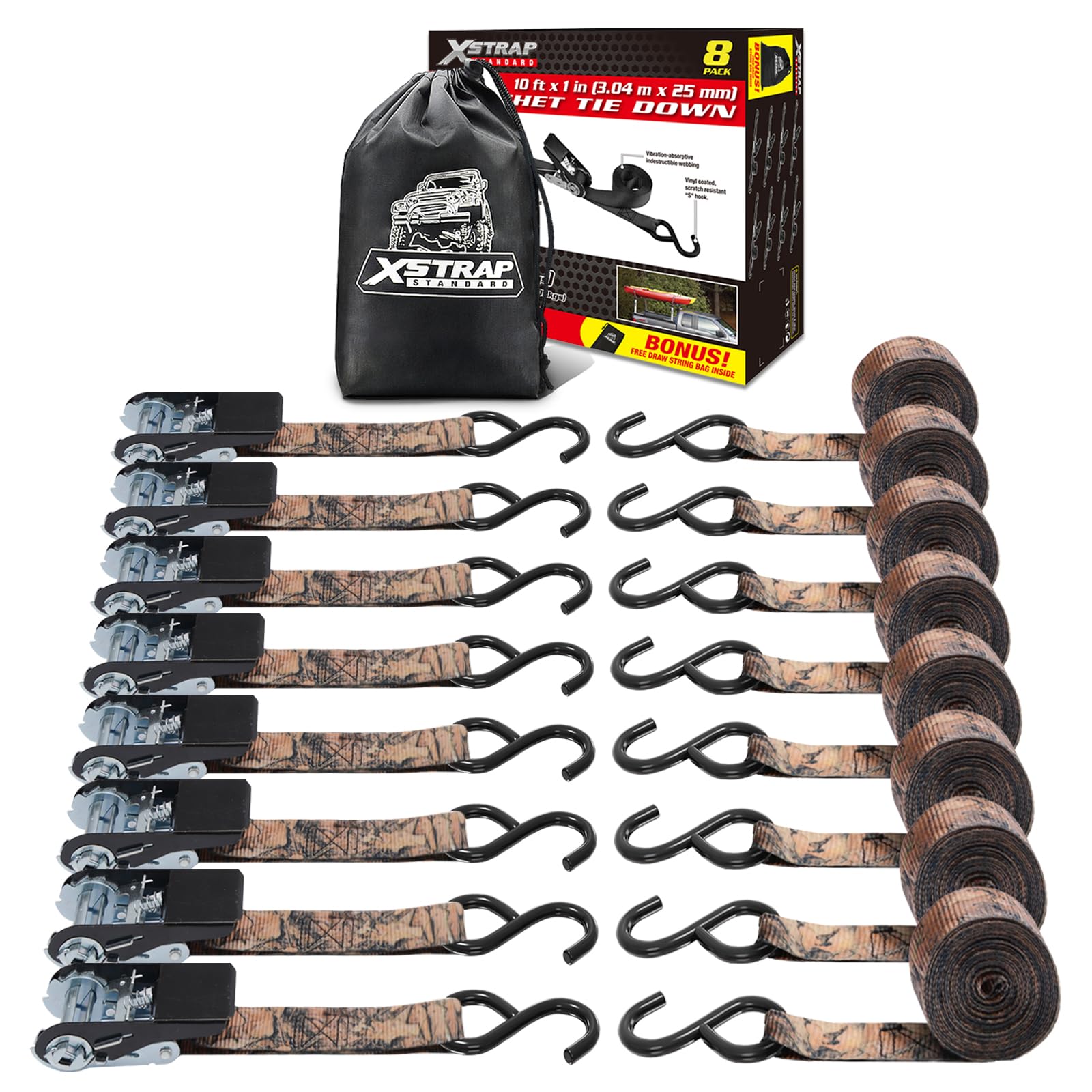 XSTRAP STANDARD camouflage ratchet strap 10ft secures motorcycles and cargo on trucks.