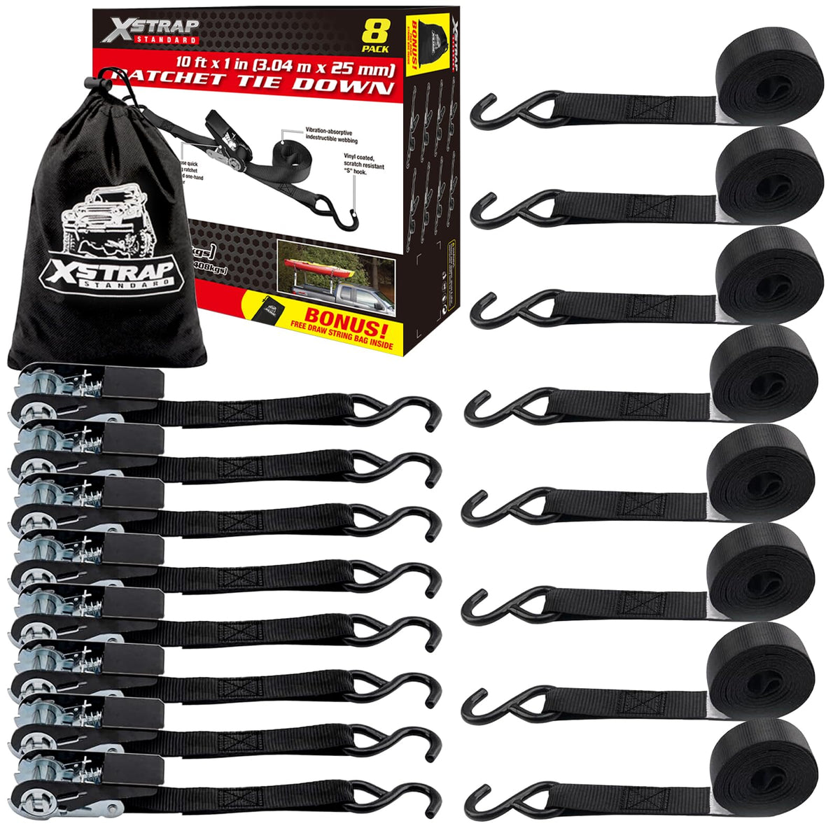 XSTRAP STANDARD ratchet strap 10ft coiled for quick cargo security.