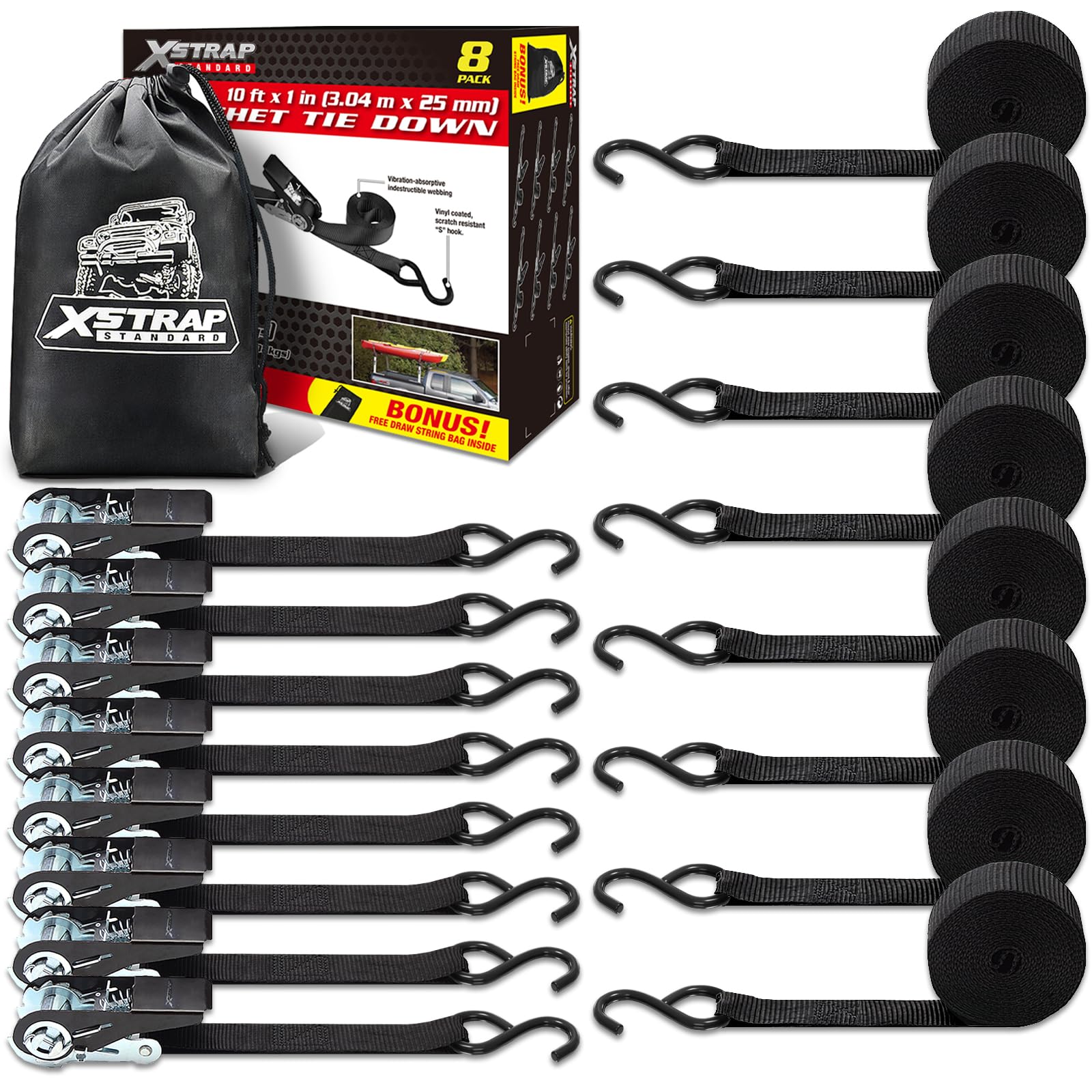 XSTRAP STANDARD ratchet tie down strap 1 inch by 10 ft ready to secure cargo during moves.