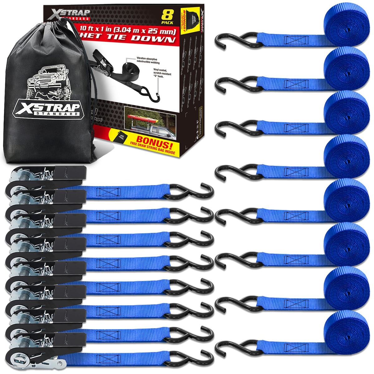 XSTRAP STANDARD ratchet tie down strap in blue, ideal for cargo security.