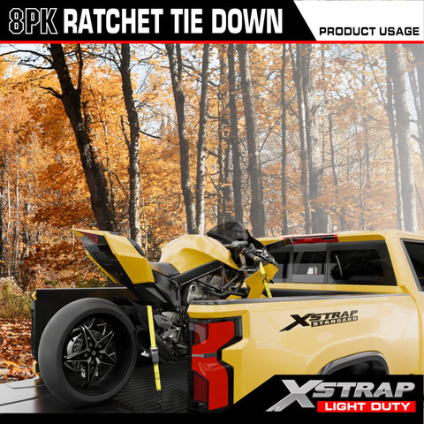 XSTRAP STANDARD yellow cargo strap in use on a roof rack.