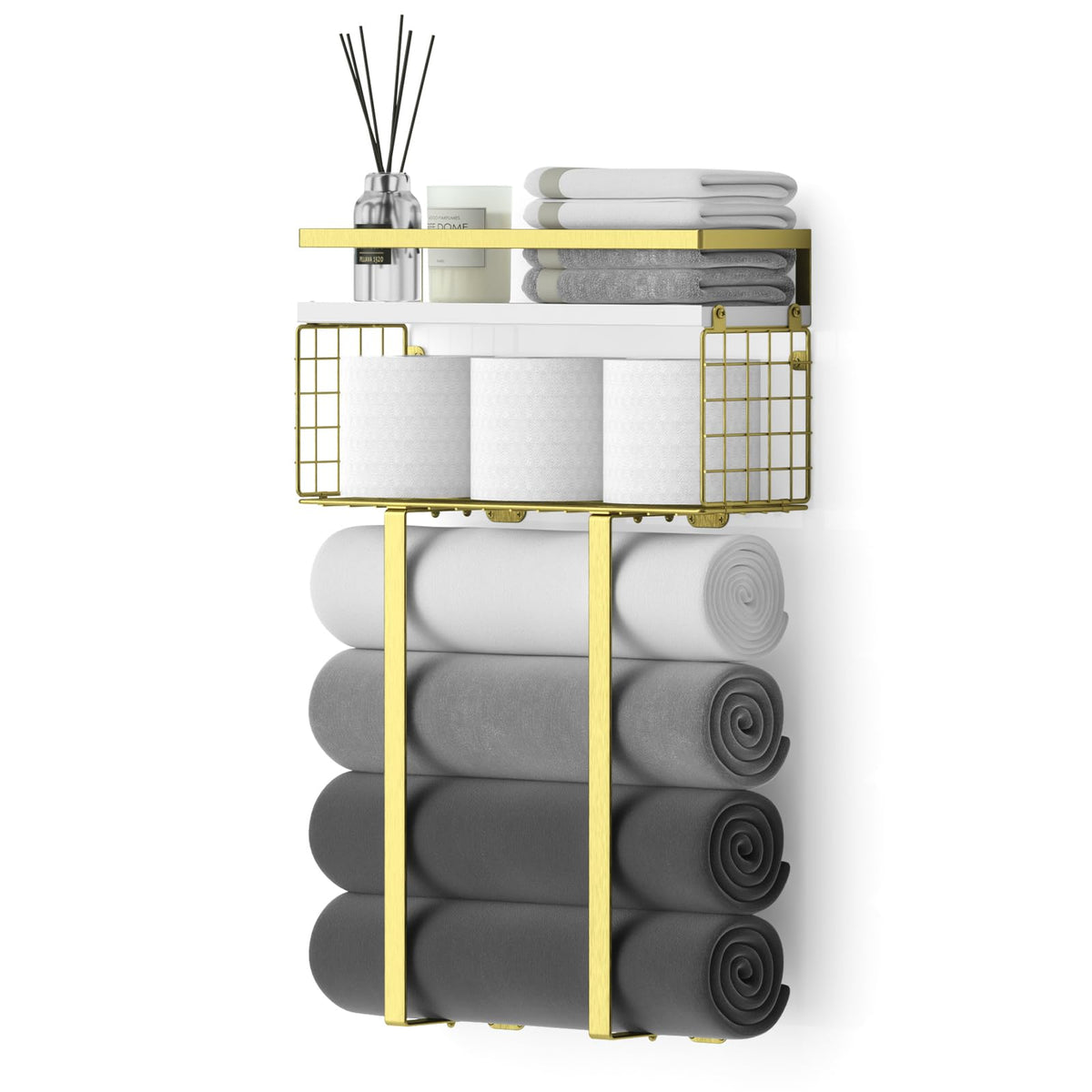 Xstydes towel rack with floating shelf in gold, space-saving bathroom storage.
