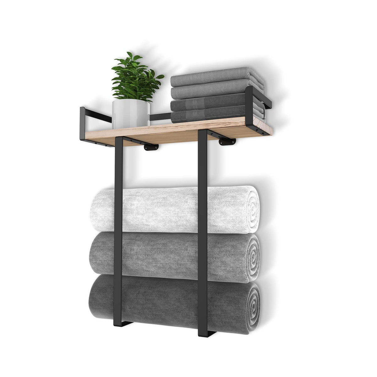 Xstydes wall-mounted towel rack with wooden shelf for compact bathroom storage.