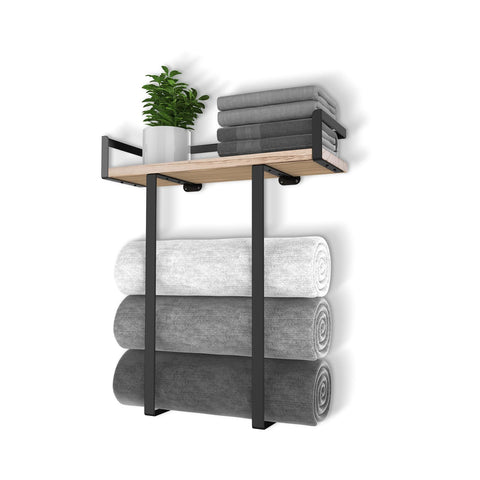 Xstydes wall-mounted towel rack with wooden shelf for compact bathroom storage.