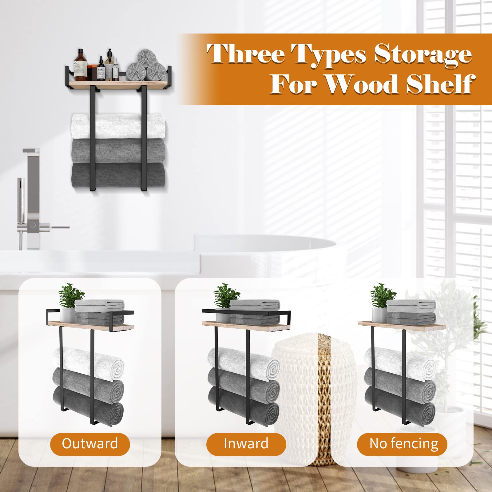 Xstydes wooden top shelf offers towel storage plus small accents.