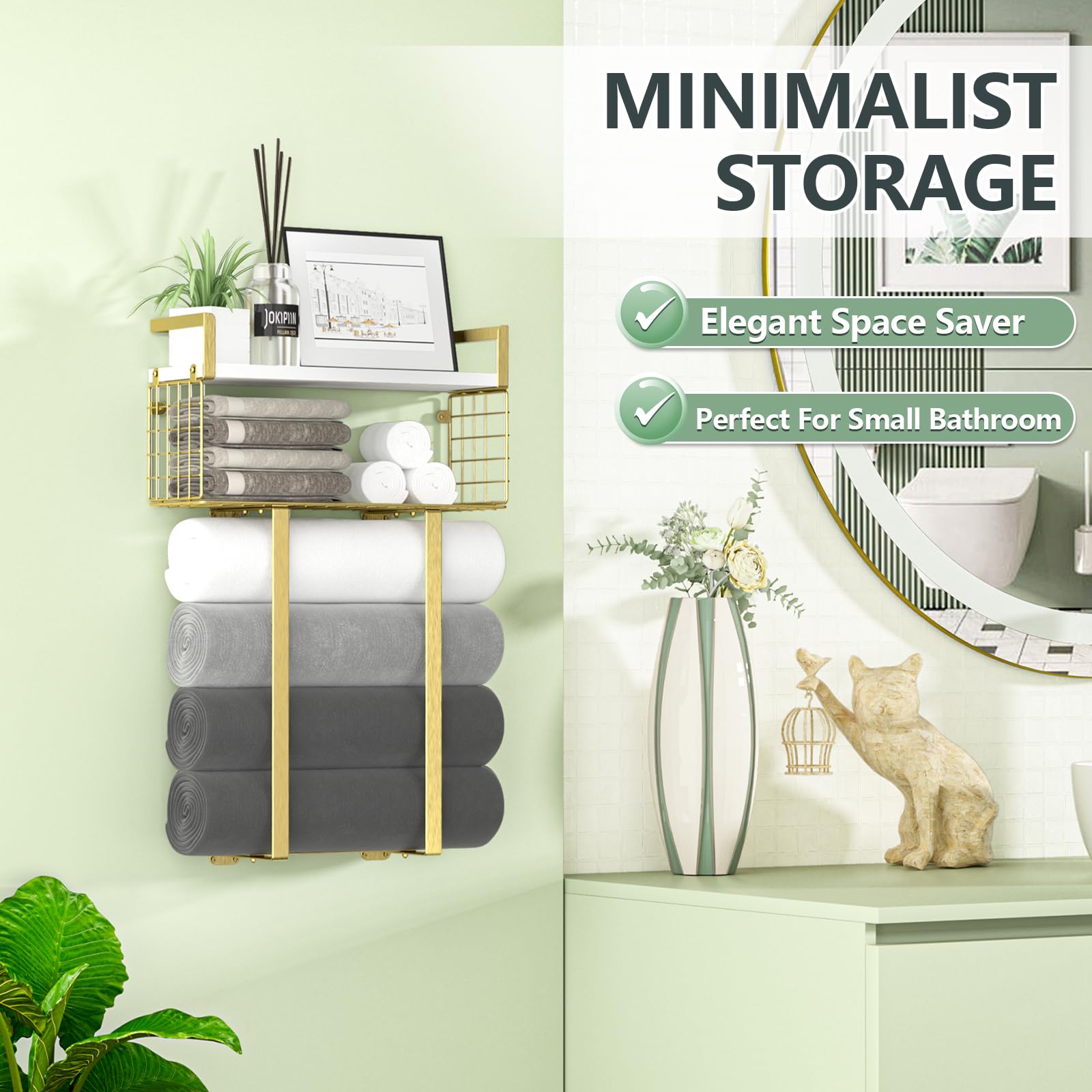 Xstydes versatile bathroom storage solution in gold, blends decor with practicality.