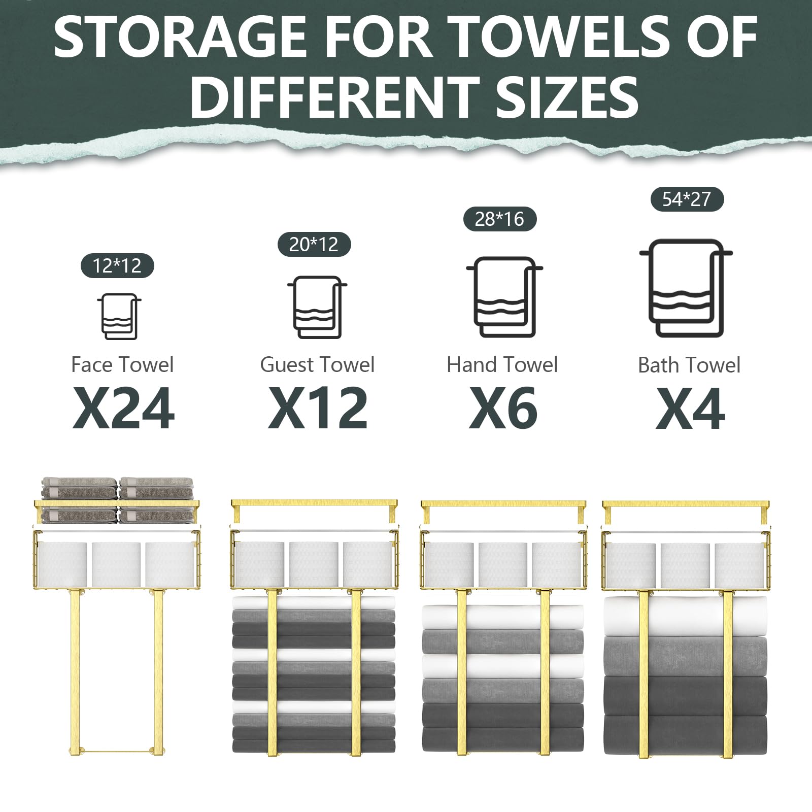Xstydes wall-mounted floating shelves in gold, ideal above the toilet.
