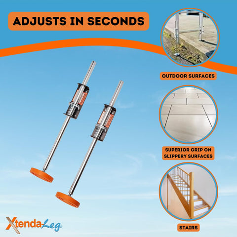 Xtenda-Leg adjustable-height leveler adapts to stairs and irregular terrain.