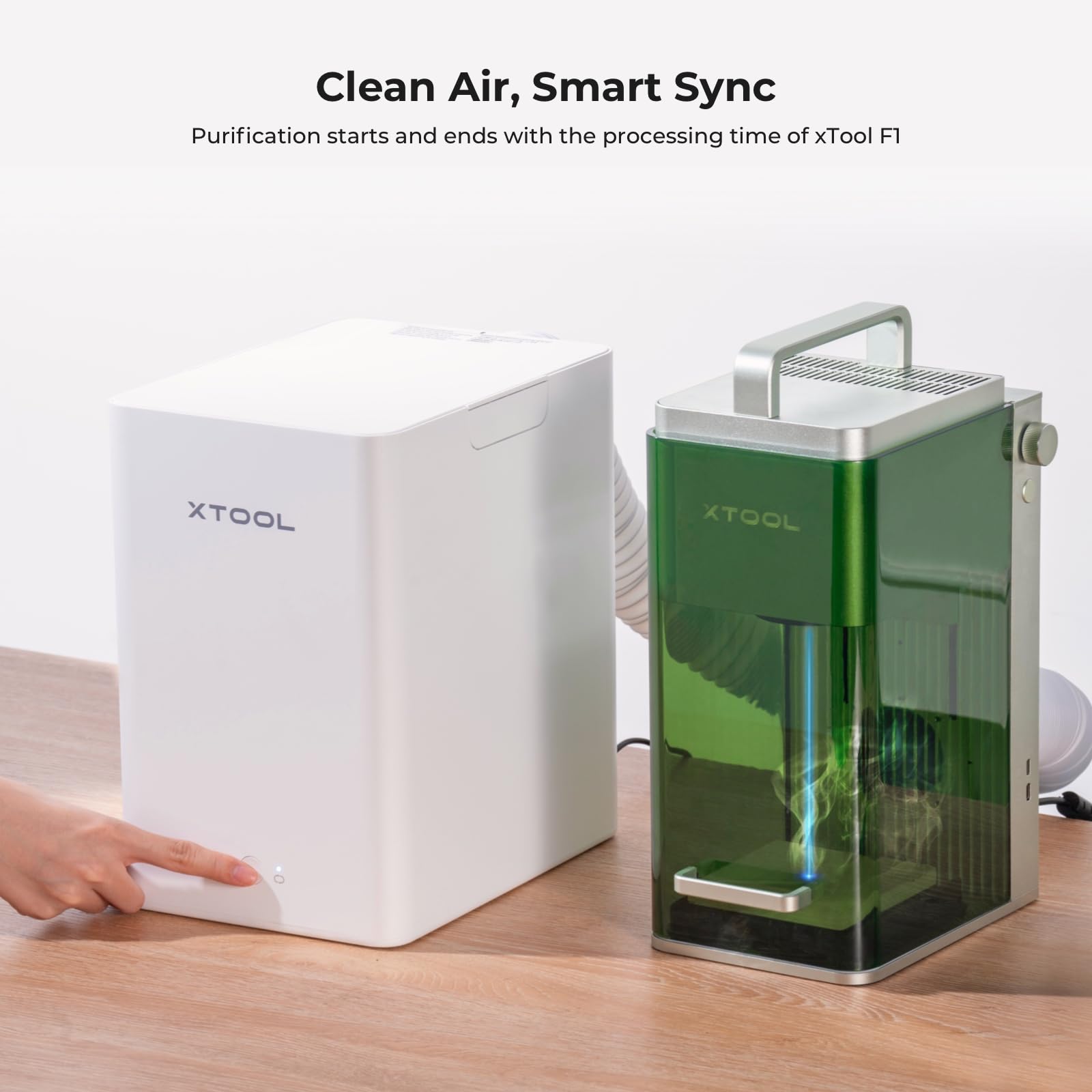 XTool F1 HEPA filter close-up emphasizes triple-layer filtration and odor control.