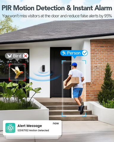 XTU Battery Doorbell with PIR motion detection sends alerts to your phone.
