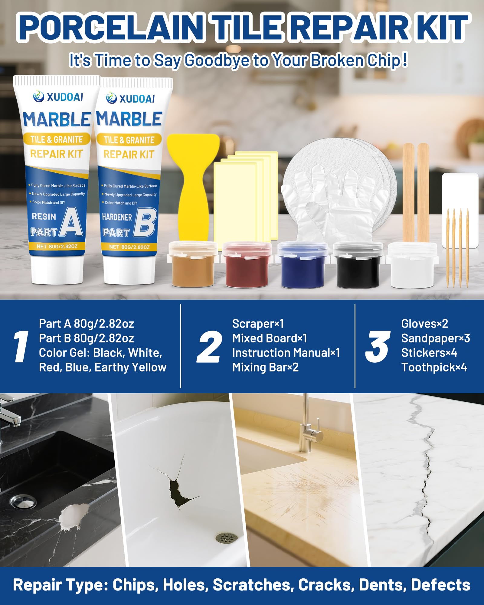 XUDOAI Multi surface capability for granite marble and quartz repairs.