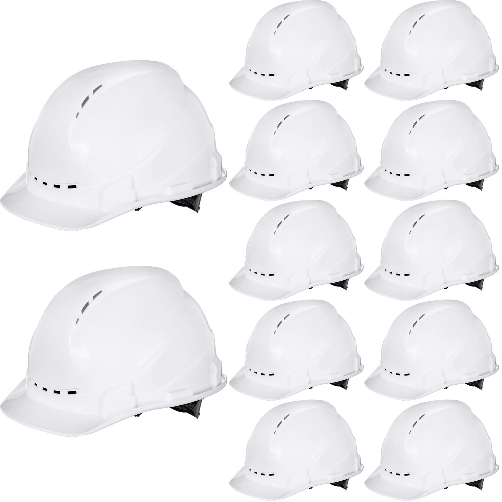 Xuhal 12-pack suspension hard hats with vented white shells for safe, cool wear.