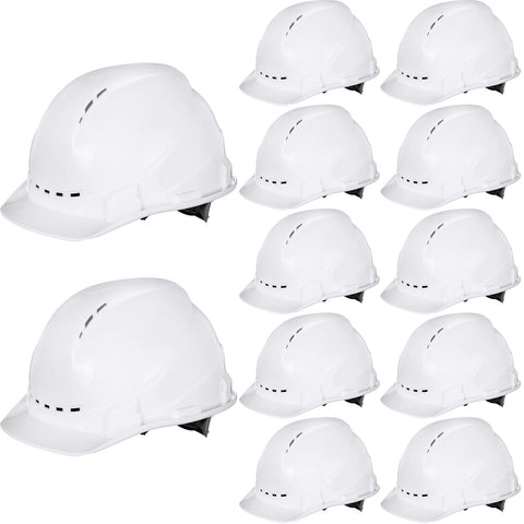 Xuhal 12-pack suspension hard hats with vented white shells for safe, cool wear.