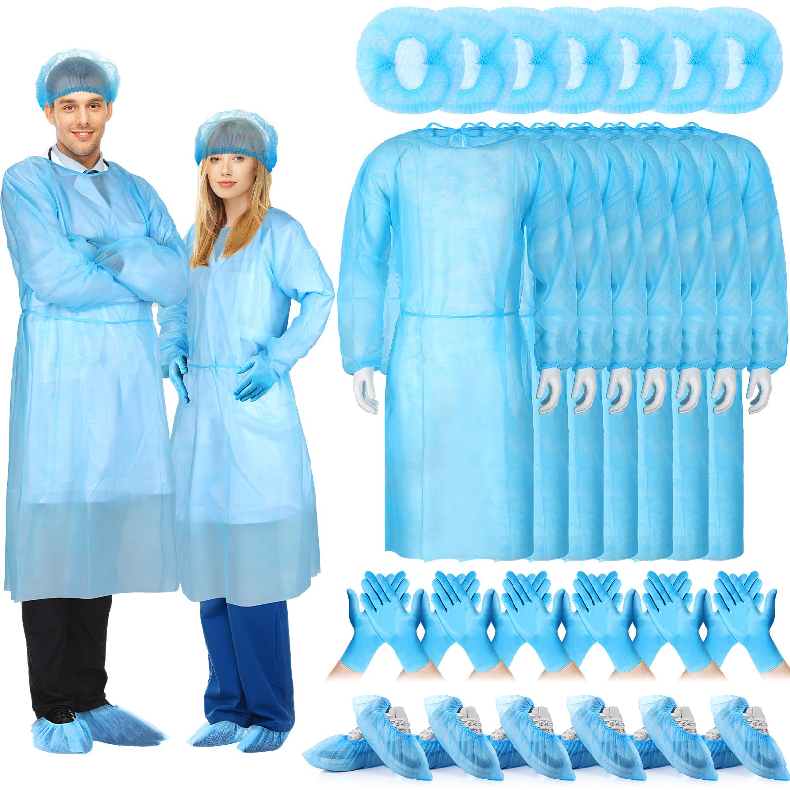 Xuhal blue disposable isolation gowns provide full coverage for lab work.