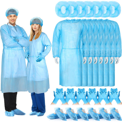 Xuhal blue disposable isolation gowns provide full coverage for lab work.