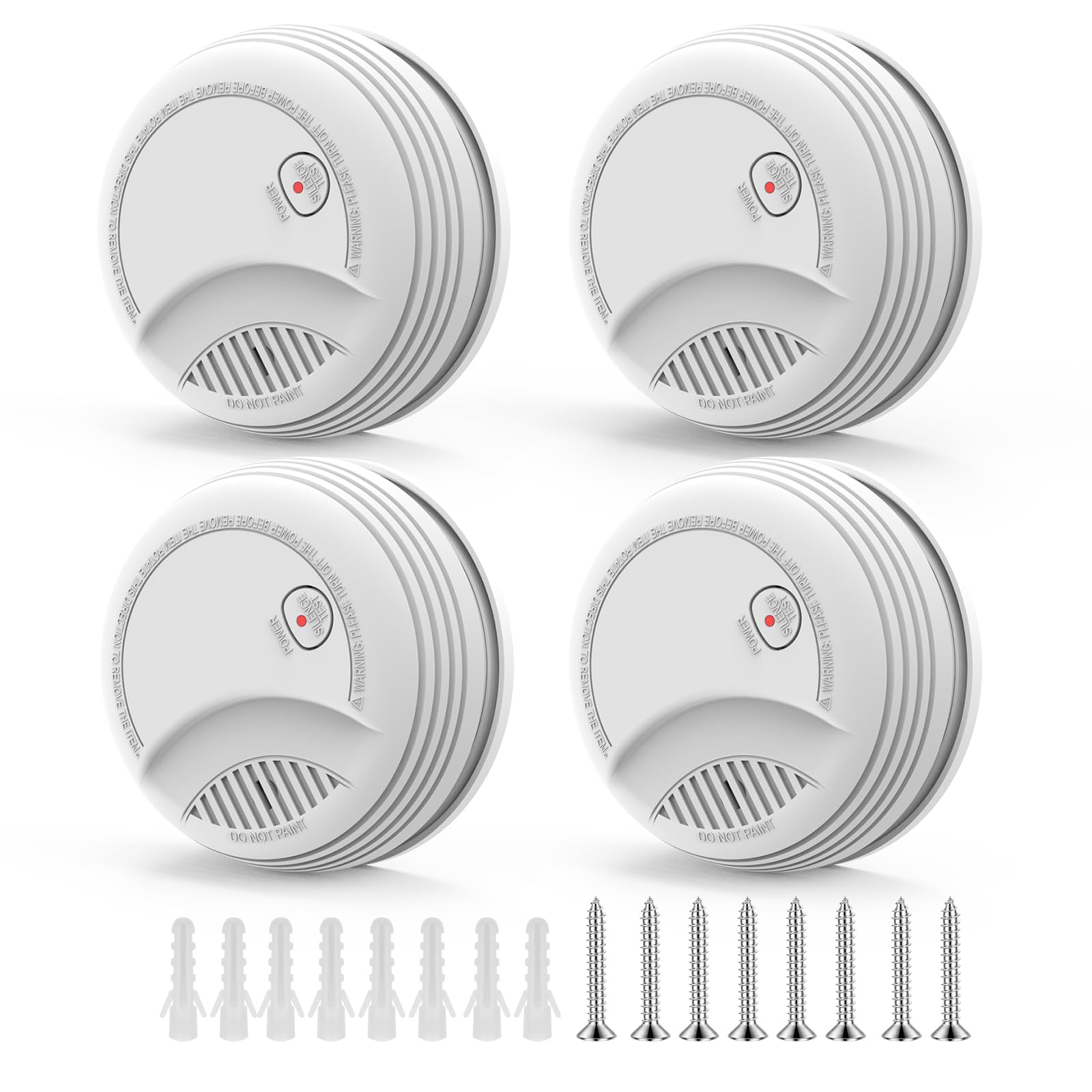 XUK 4-pack smoke detectors front view for living rooms and bedrooms.