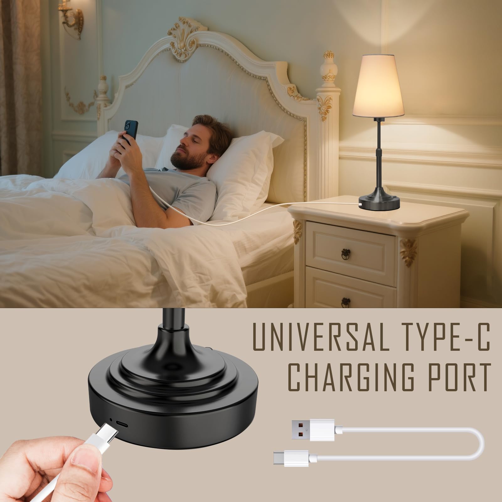 Xumemall lamp with USB Type-C charging for easy recharging.