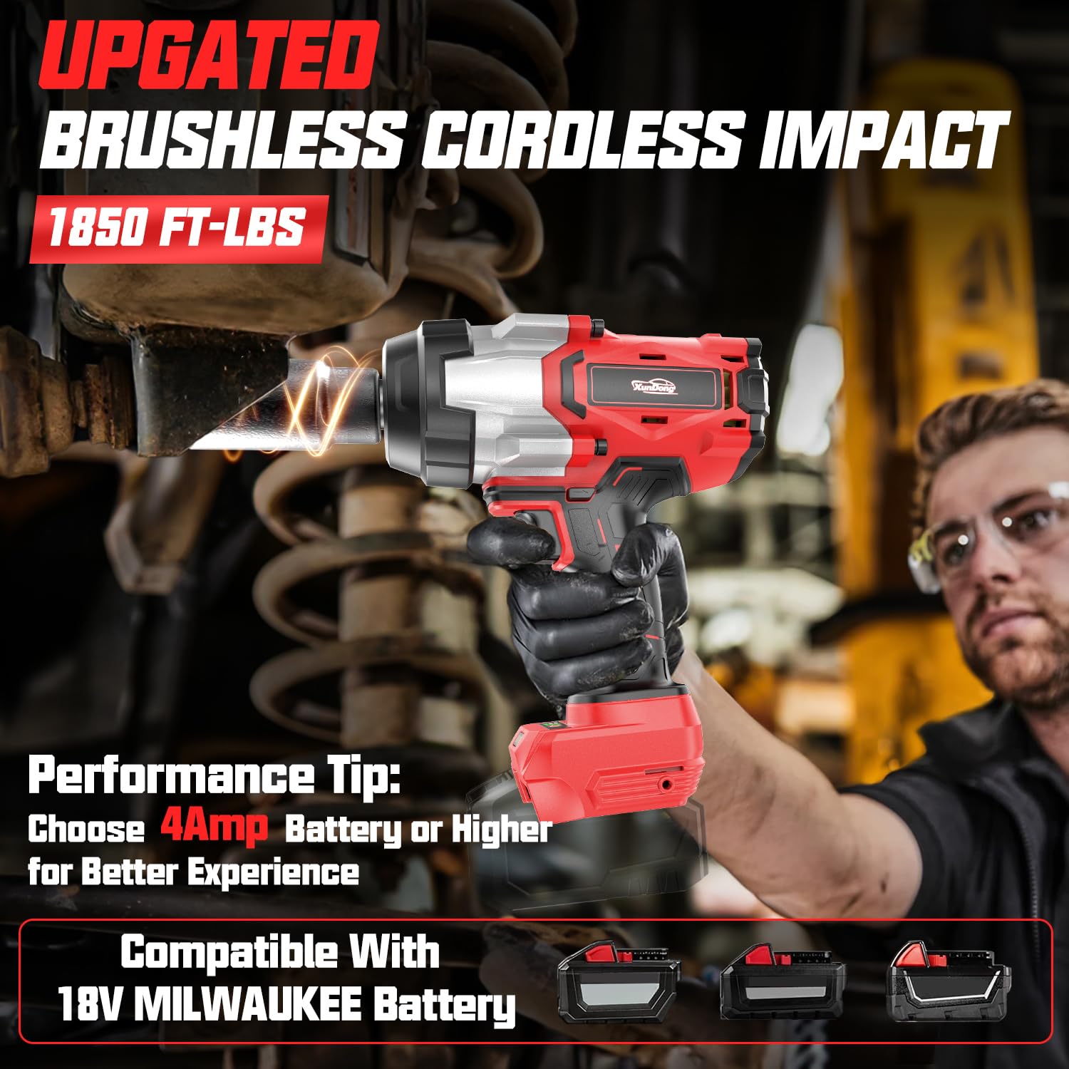XunDong cordless impact wrench compatible with Milwaukee 18V battery for flexible power.