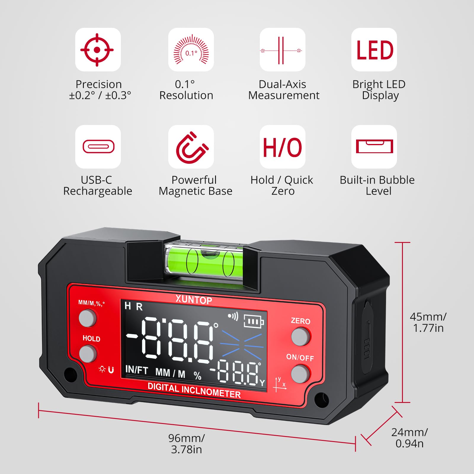 XUNTOP angle gauge 4×90° range enables accurate corner alignment.
