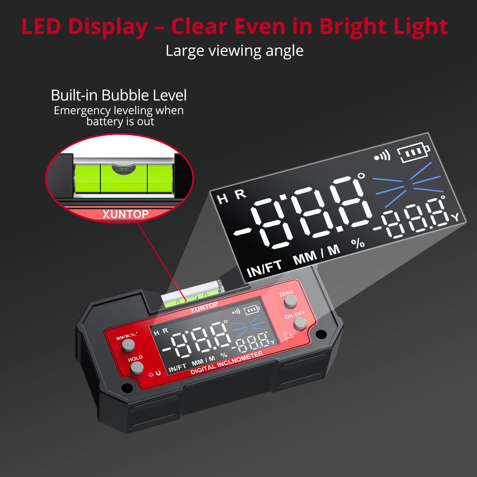 XUNTOP Y-axis ±60° measurement with clear readings for level checks.