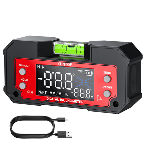 XUNTOP digital angle finder with dual-axis readouts for precise woodworking setup.