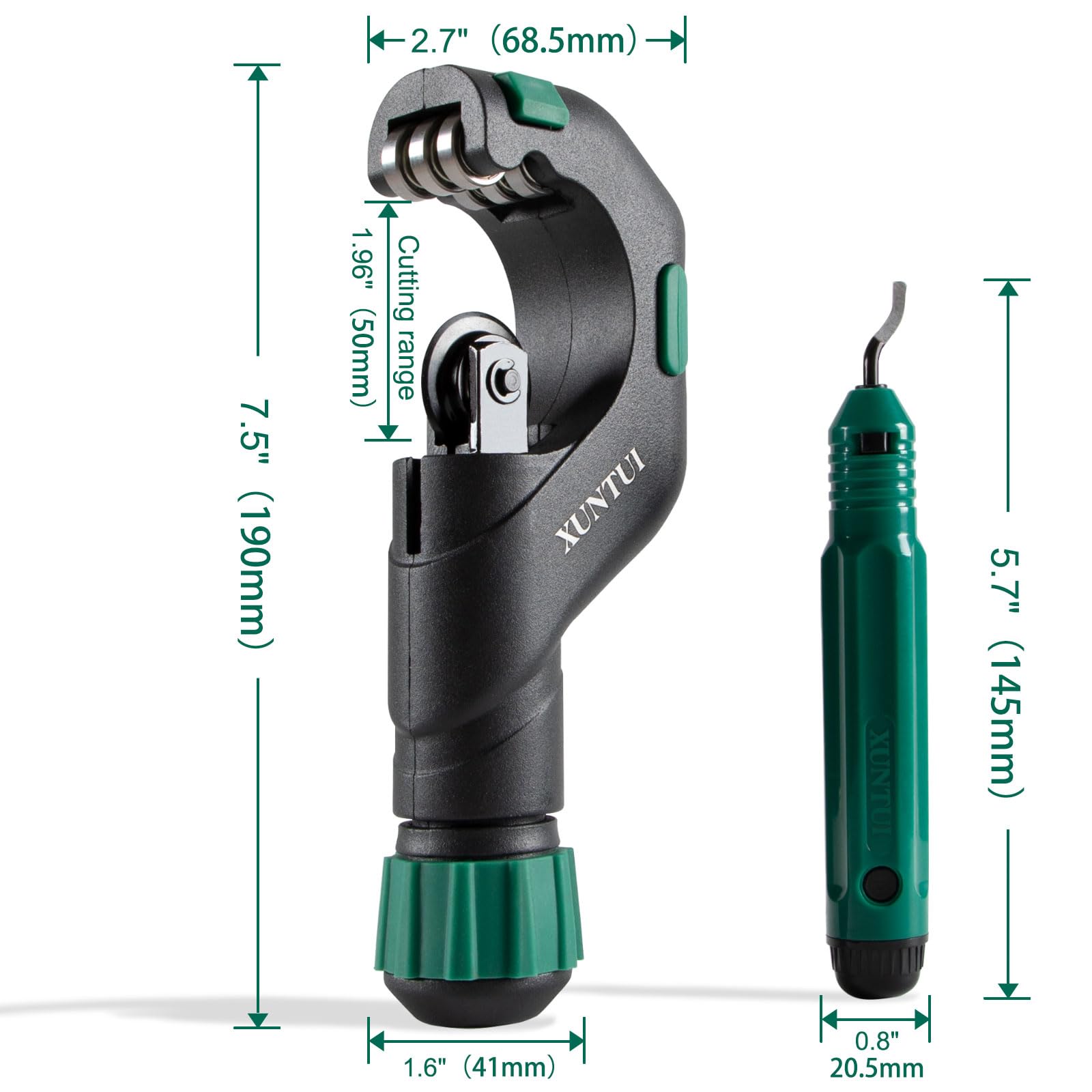 XUNTUI pipe cutter showing 2-inch OD capacity for square, burr-free ends