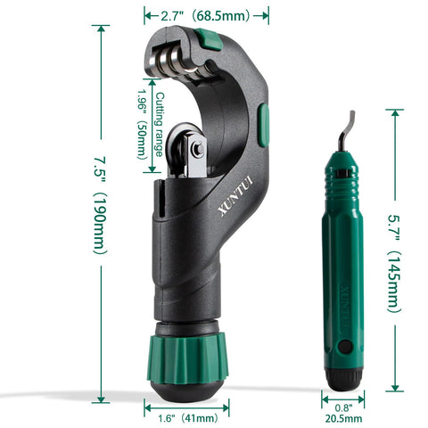 XUNTUI pipe cutter showing 2-inch OD capacity for square, burr-free ends