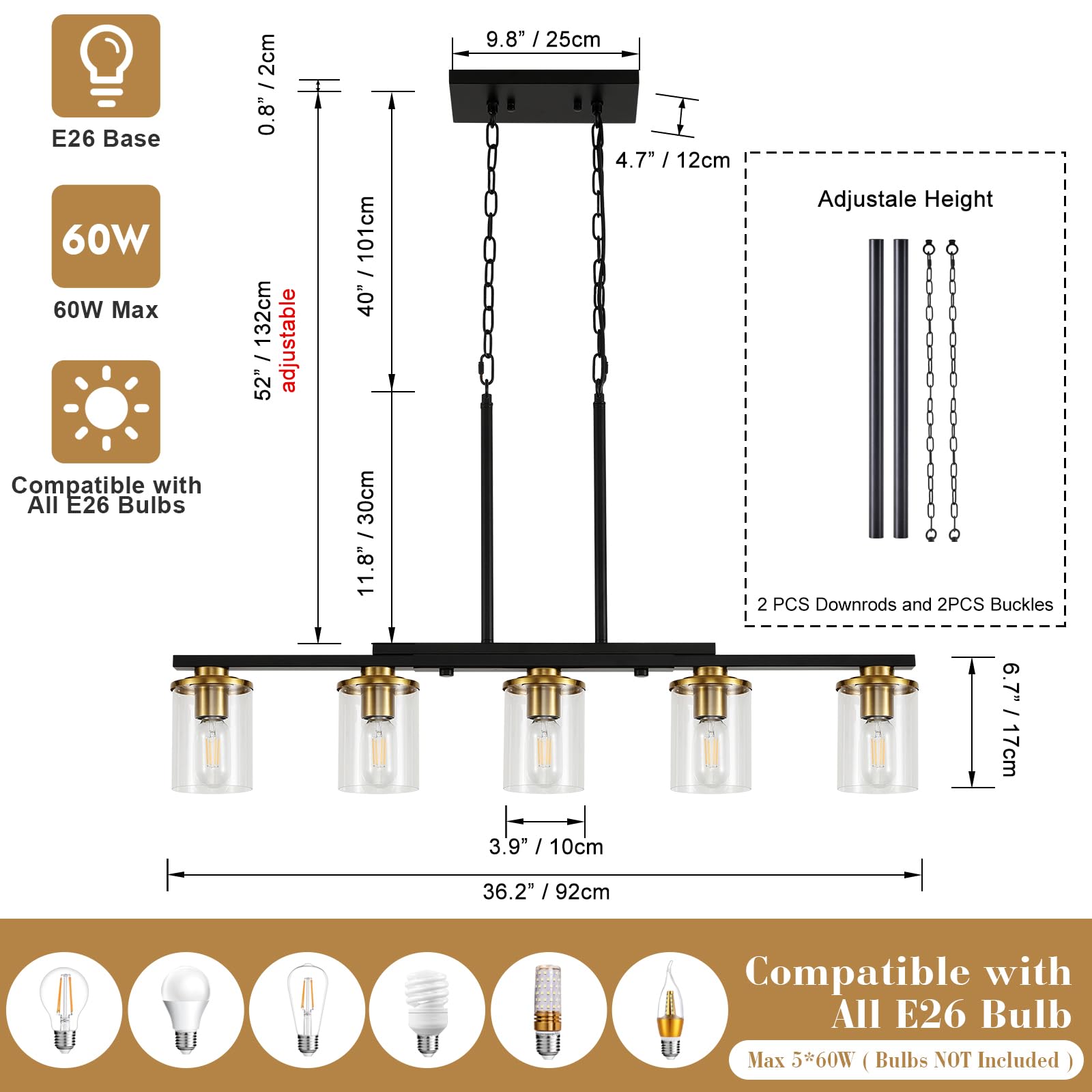 Xvmbm black and gold metal chandelier with clear glass shades
