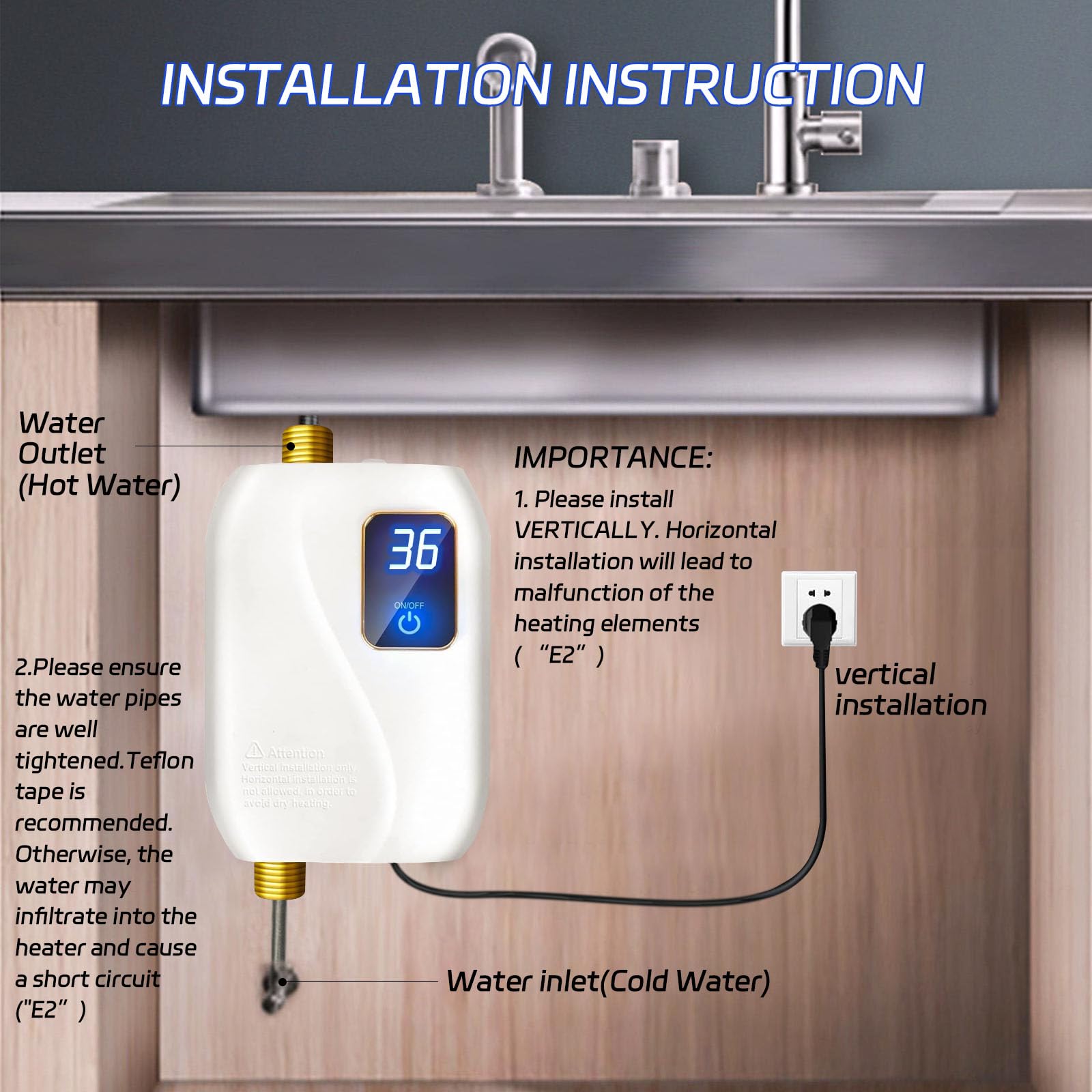The xwdzswgs water heater connection shows a standard 1/2 inch NPT interface.