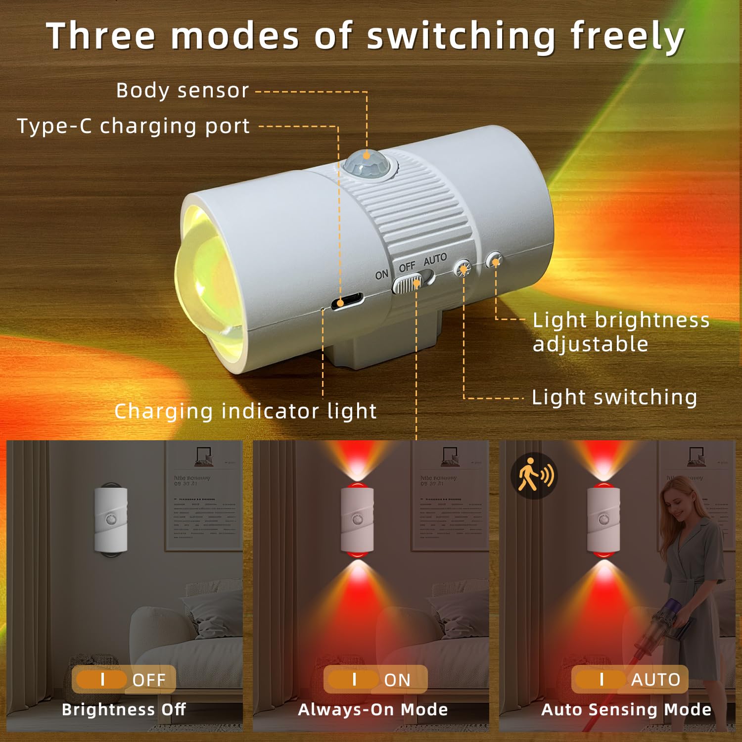 XXMANX four level brightness night light adjusts from soft to bright.