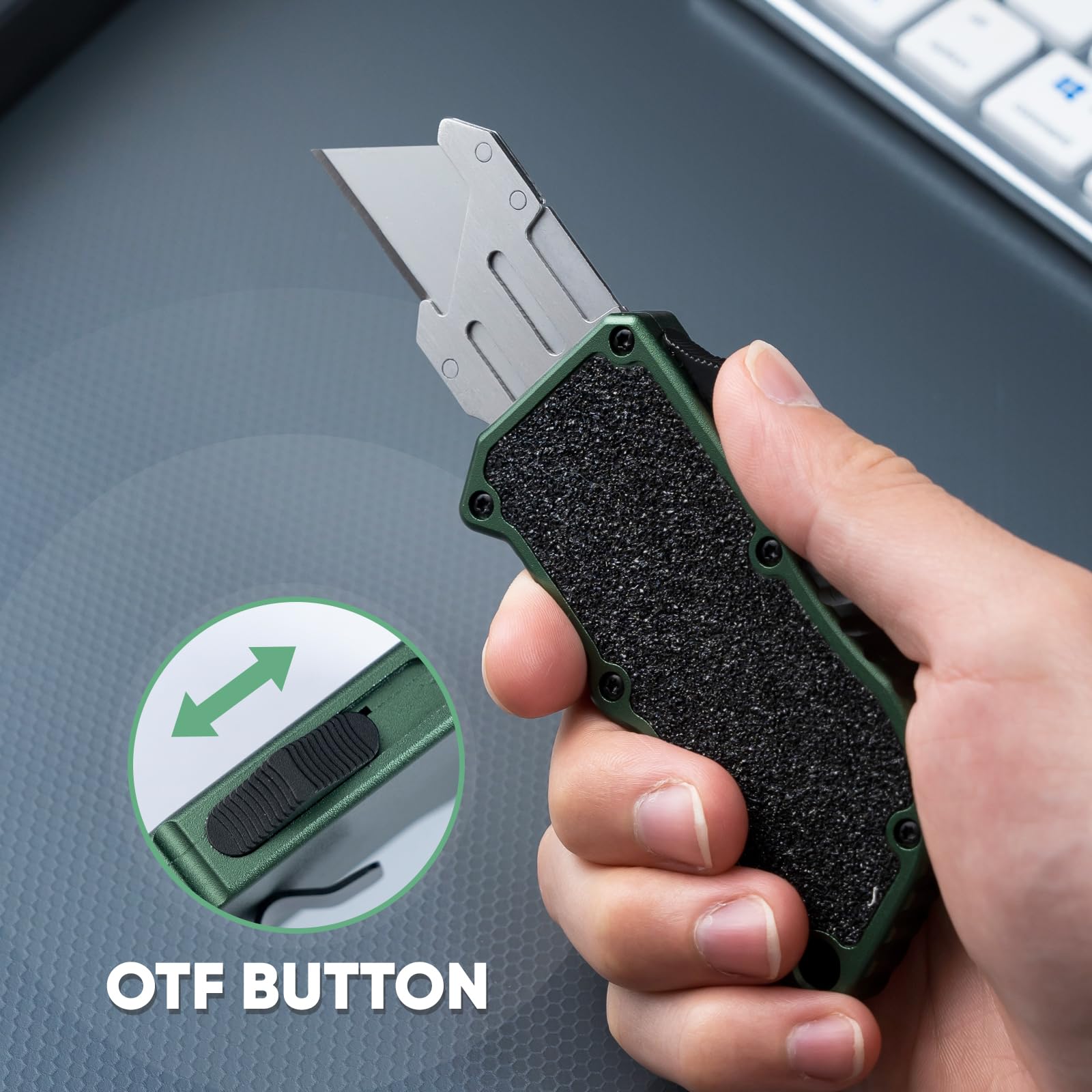 XXV OTF aluminum handle with textured grooves for secure, slip-free grip