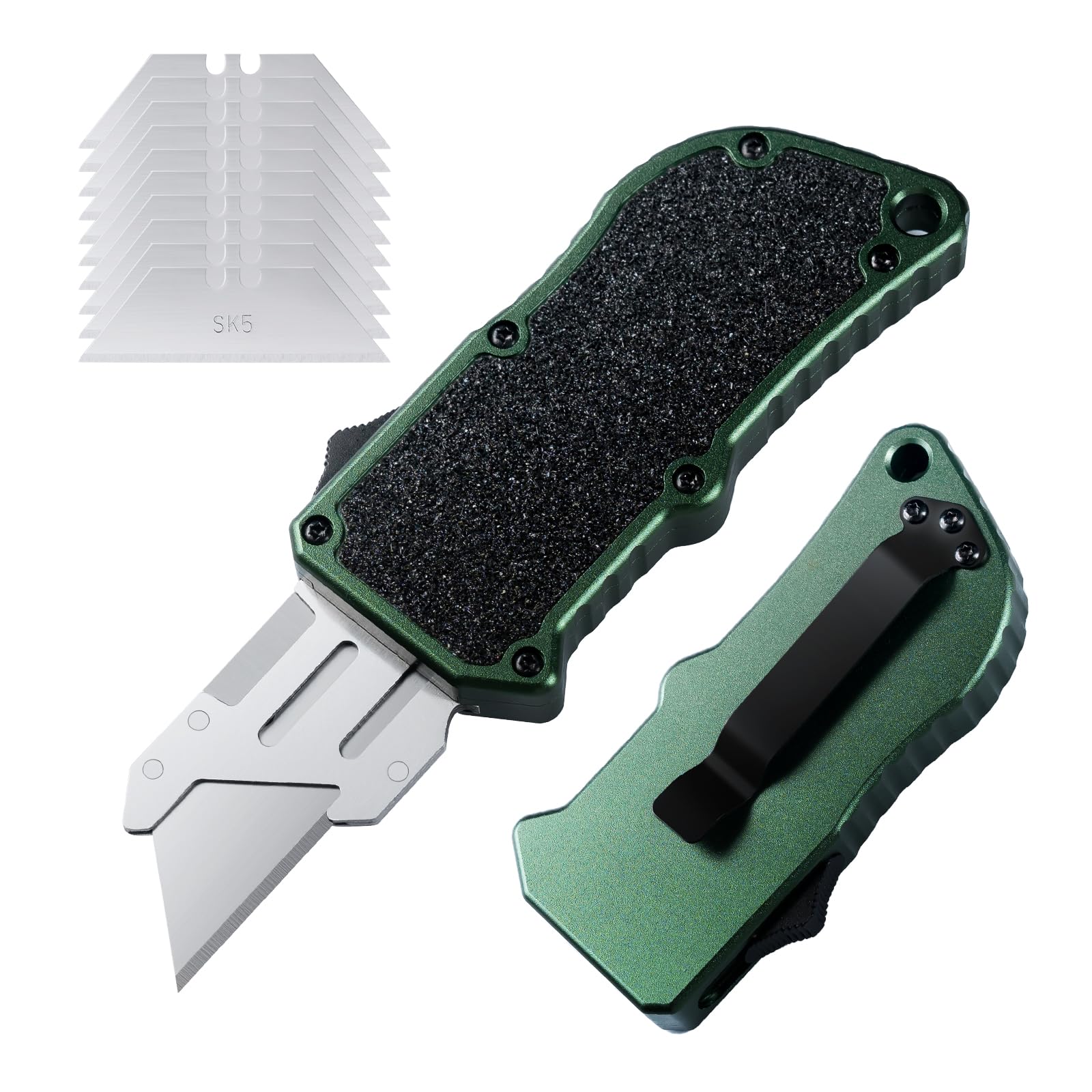 XXV OTF aluminum utility knife green with ergonomic grip for daily tasks
