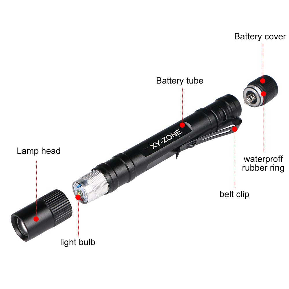 XY ZONE black pen light powered by two AAA batteries for long runtime.