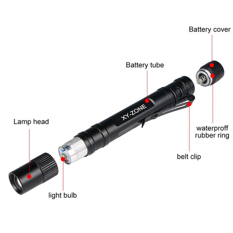 XY ZONE black pen light powered by two AAA batteries for long runtime.