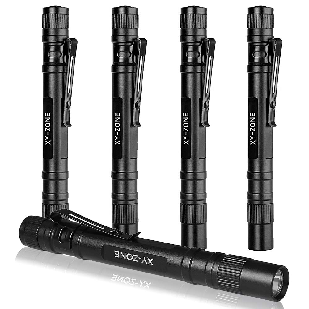 XY ZONE 5-pack LED pen flashlight with pocket clip for portable use.