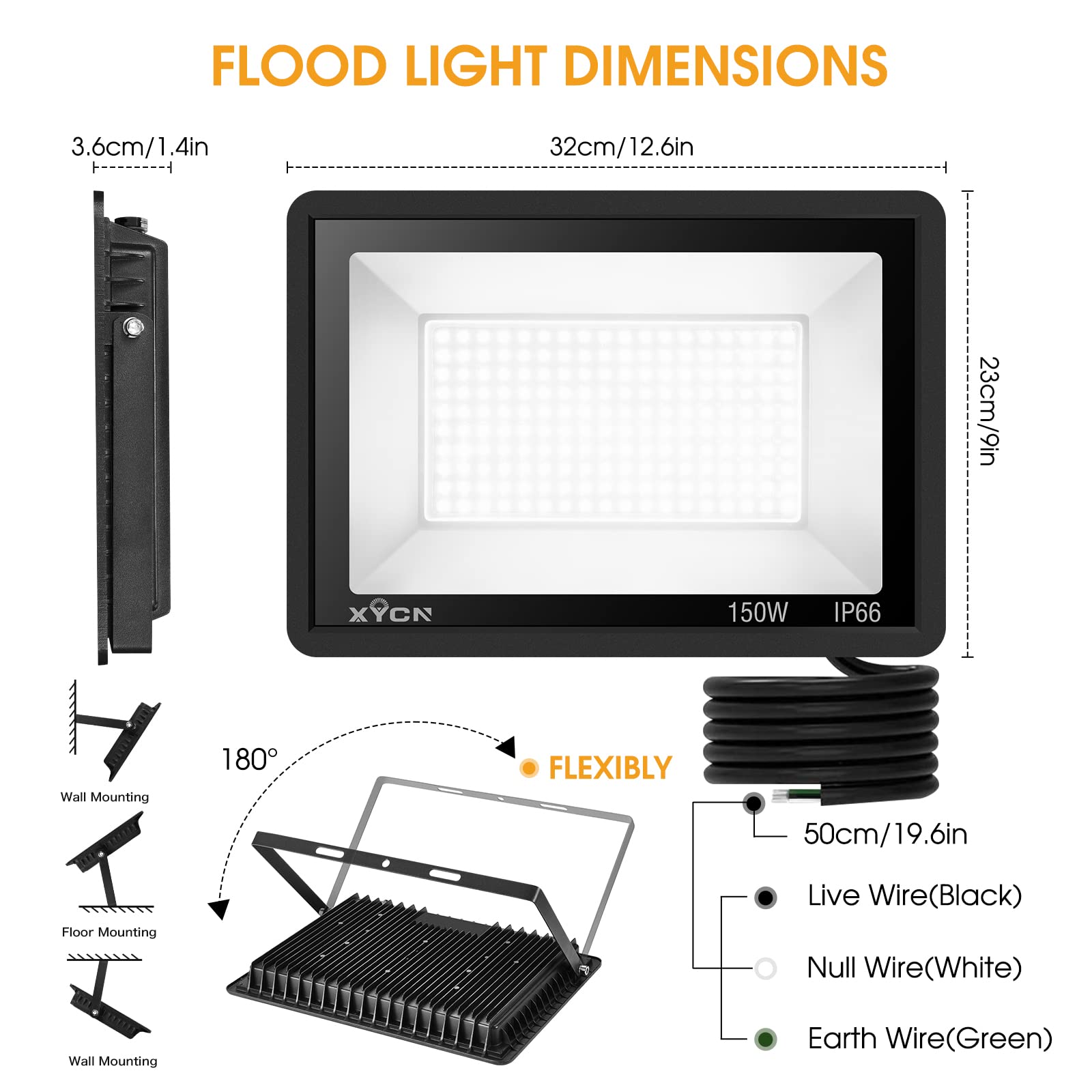 XYCN 150W flood light with 120-degree beam for even coverage.
